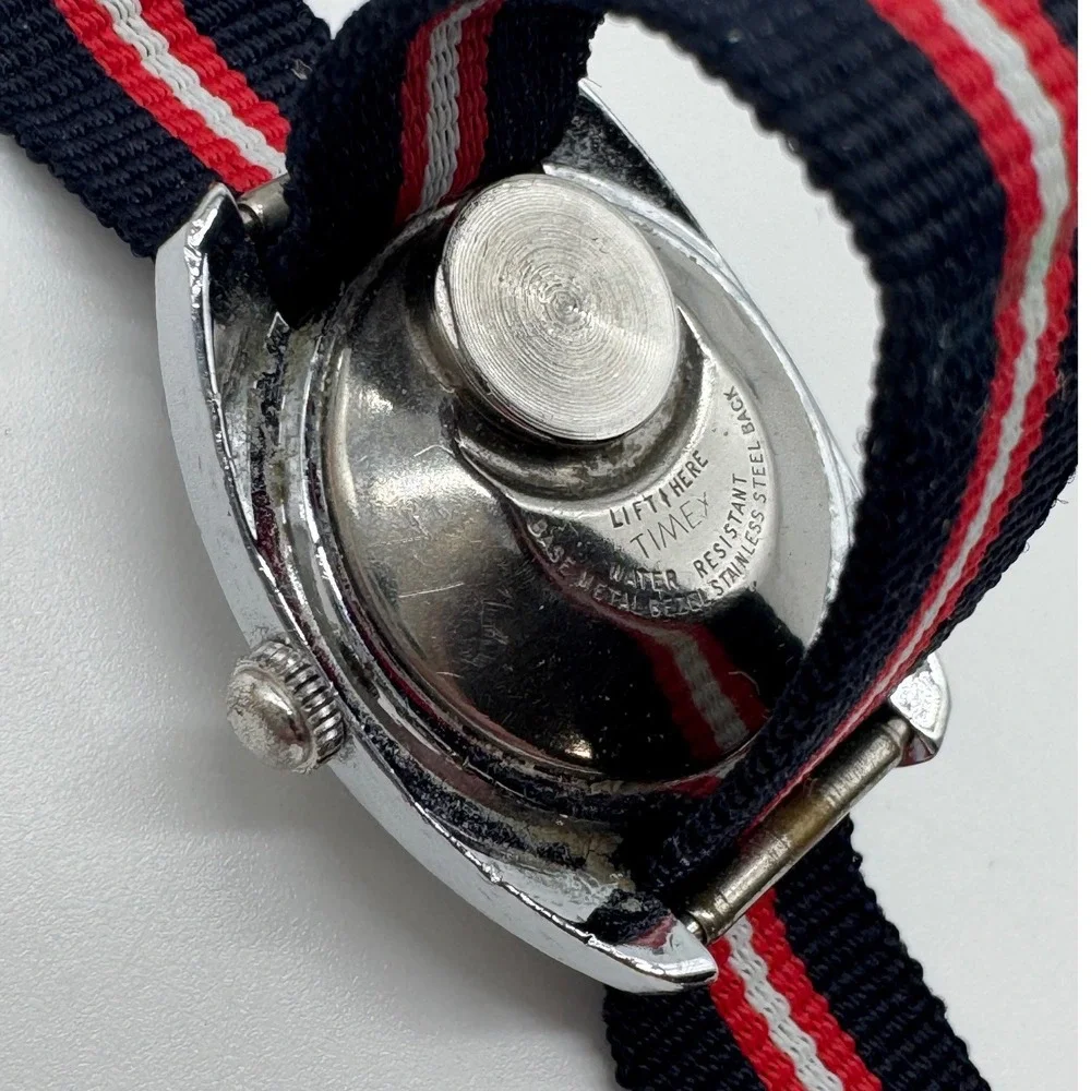 Vintage Timex Electric Watch Black Dial Silver Case Striped Nylon Strap Untested